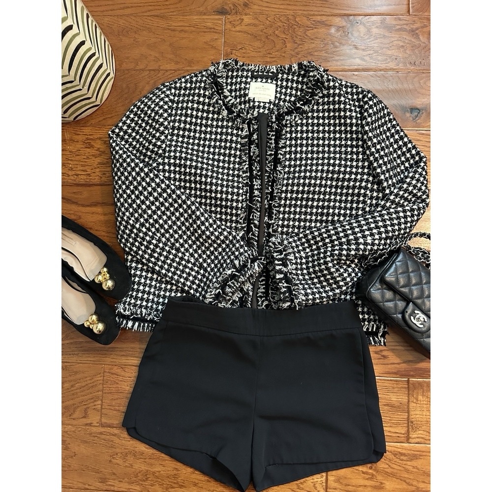 Kate Spade New York Houndstooth Tweed Jacket Womens 12 Fringe Trim Blazer